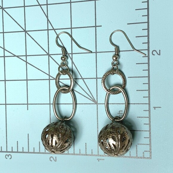 Silver Tone Cut Out Ball Dangle Earrings Filagree Ball Pierced Hook Boho - Picture 3 of 4